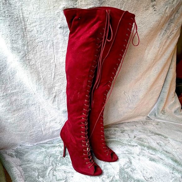 Charlotte Russe Shoes - Charlotte Russe Knee High Lace Up Open Toe High Heel Boots - SZ 9